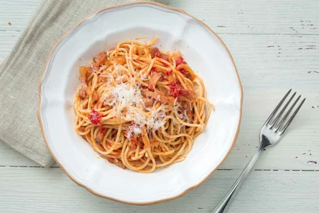 Spaghetti Amatriciana (Spaghetti with guanciale and tomato)