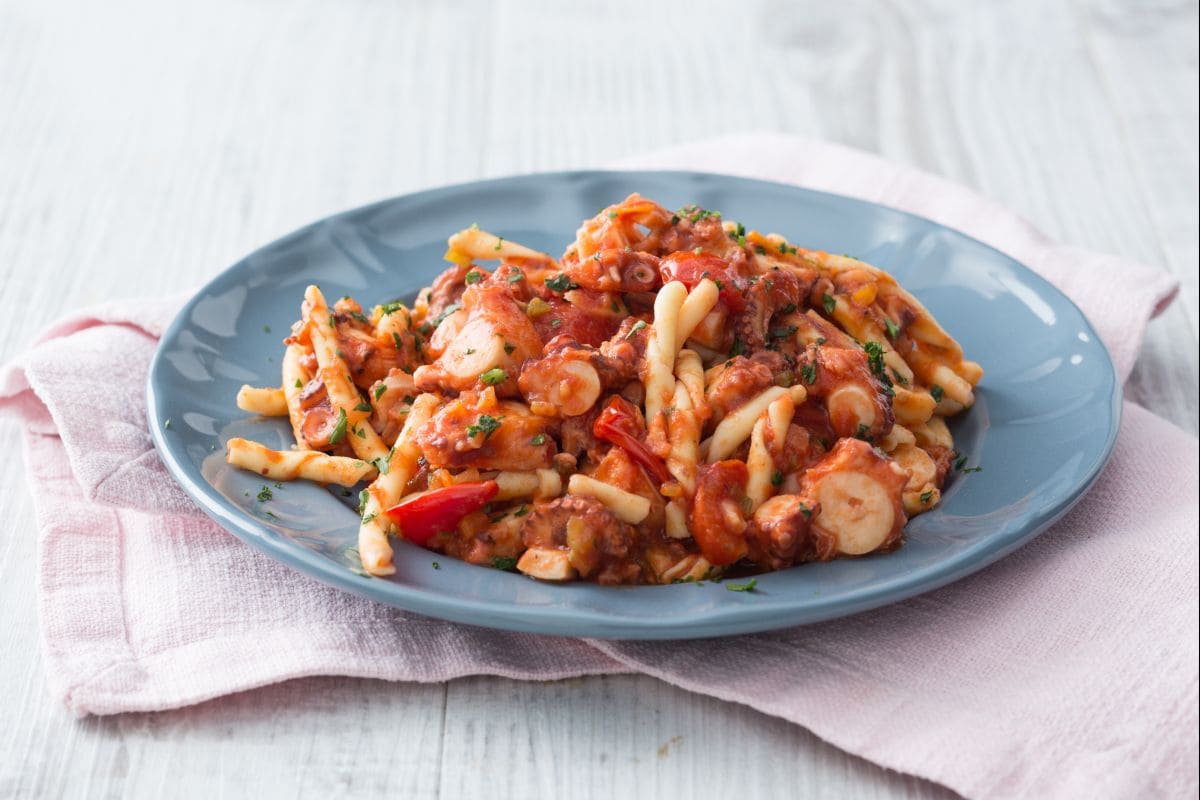 Strozzapreti pasta with octopus sauce