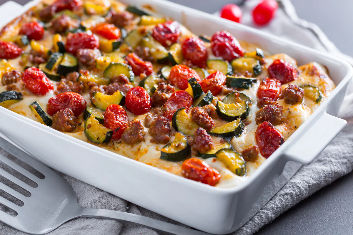 Zucchini, tomato and sausage lasagna