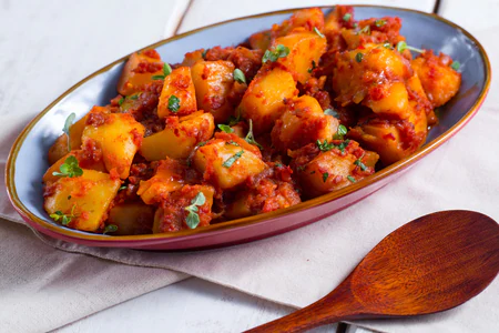 Country-style potatoes with tomato and red onion