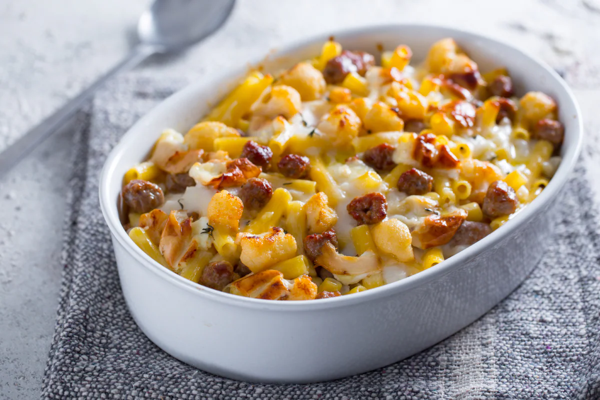 Cauliflower and sausage pasta bake