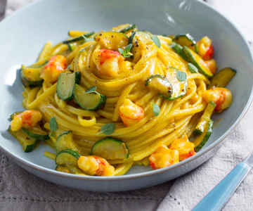 Linguine with shrimp, zucchini, and saffron