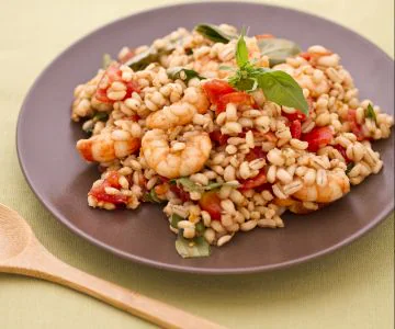 Barley salad with anchovies, shrimp, and cherry tomatoes