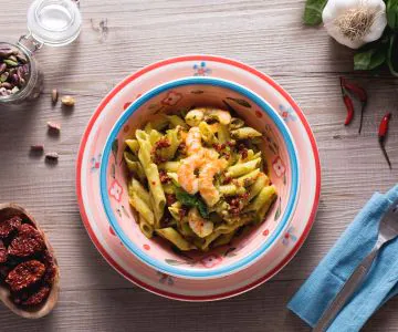 Gluten-free Pasta with Pistachio Pesto, Shrimp, and Sun-dried Tomatoes