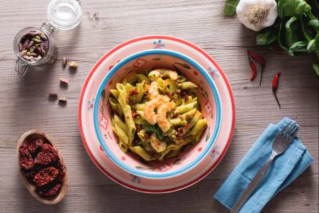 Gluten-free Pasta with Pistachio Pesto, Shrimp, and Sun-dried Tomatoes