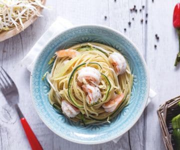 Spaghetti with Shrimp, Zucchini and Soy Sprouts