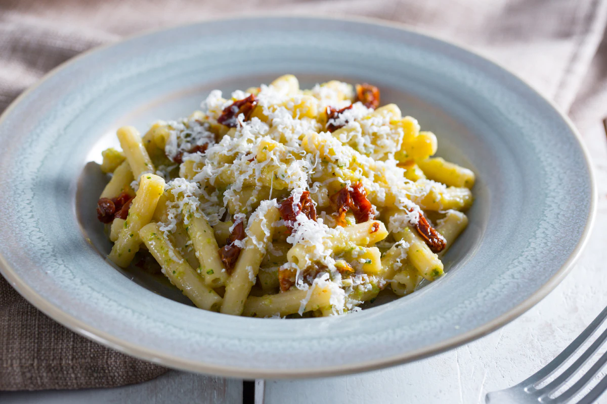 Pasta with Zucchini Pesto, Ricotta, and Sun-Dried Tomatoes