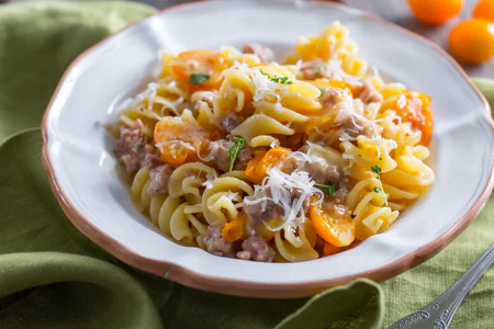 Fusilloni with sausage, yellow cherry tomatoes, and provolone