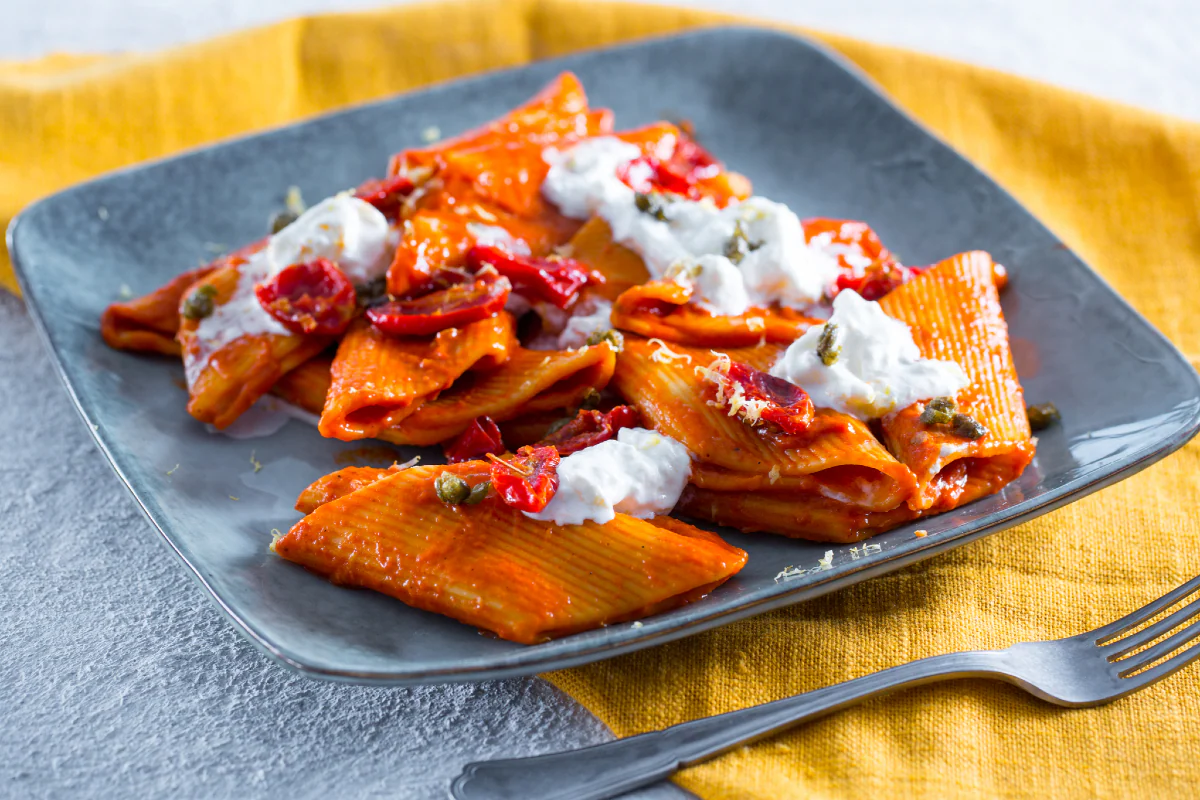 Pasta with Cherry Tomatoes, Capers, Stracciatella