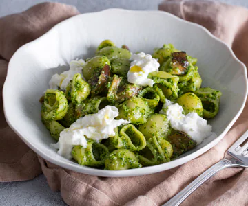 Pasta with Arugula Pesto, Eggplants in Oil, and Stracciatella