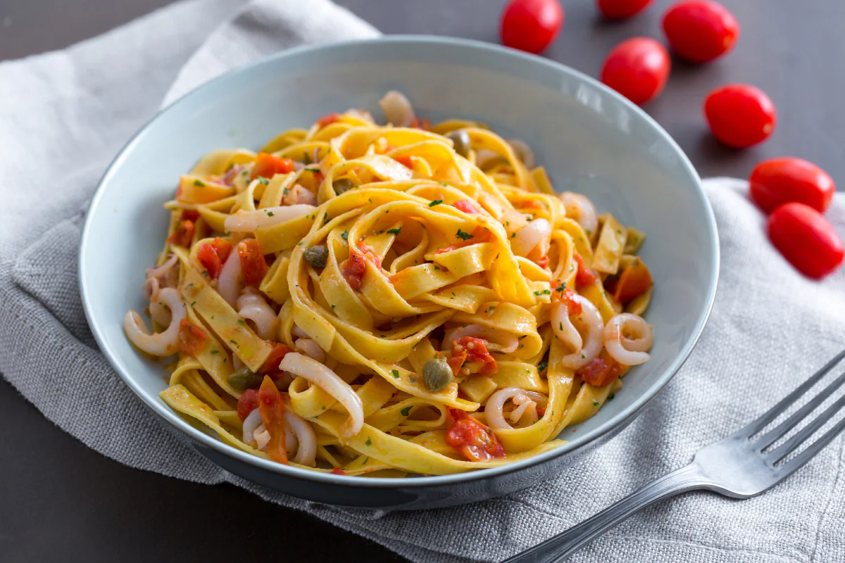 Tagliatelle with Squid and Cherry Tomatoes