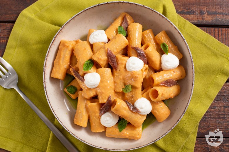 Pasta with Sun-dried Tomato Pesto, Ricotta, and Anchovies