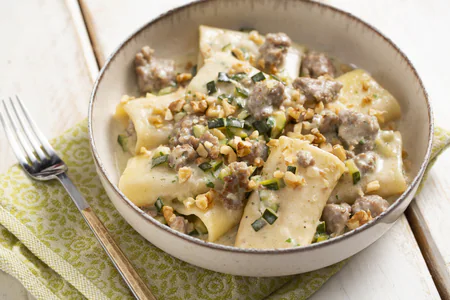 Paccheri with cream, sausage, and zucchini