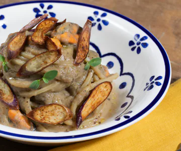 Spaghetti with Eggplant, Pecorino, and Mussels