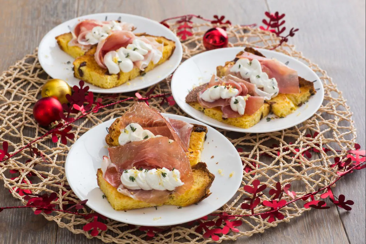 Panettone Canapés with Robiola and Culatello