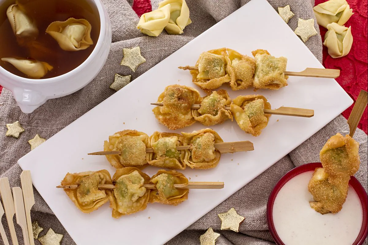 Fried Tortellini Skewers with Cream and Parmesan Sauce