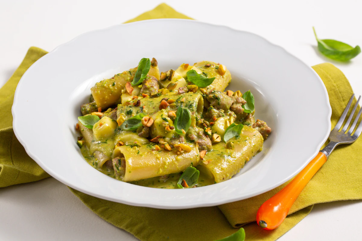 Paccheri with pistachio pesto, sausage, and provola