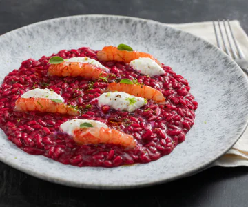 Risotto with Champagne, Beetroot and Prawns