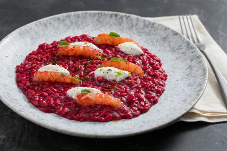 Risotto with Champagne, Beetroot and Prawns