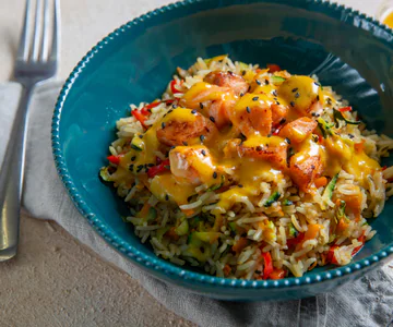 Basmati rice with salmon, sesame, and spicy sauce