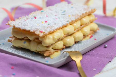 Mille-feuille of chiacchiere with cream and pears
