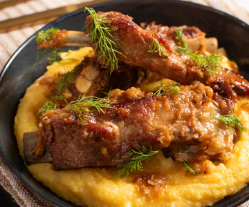 Pork ribs in white wine with polenta