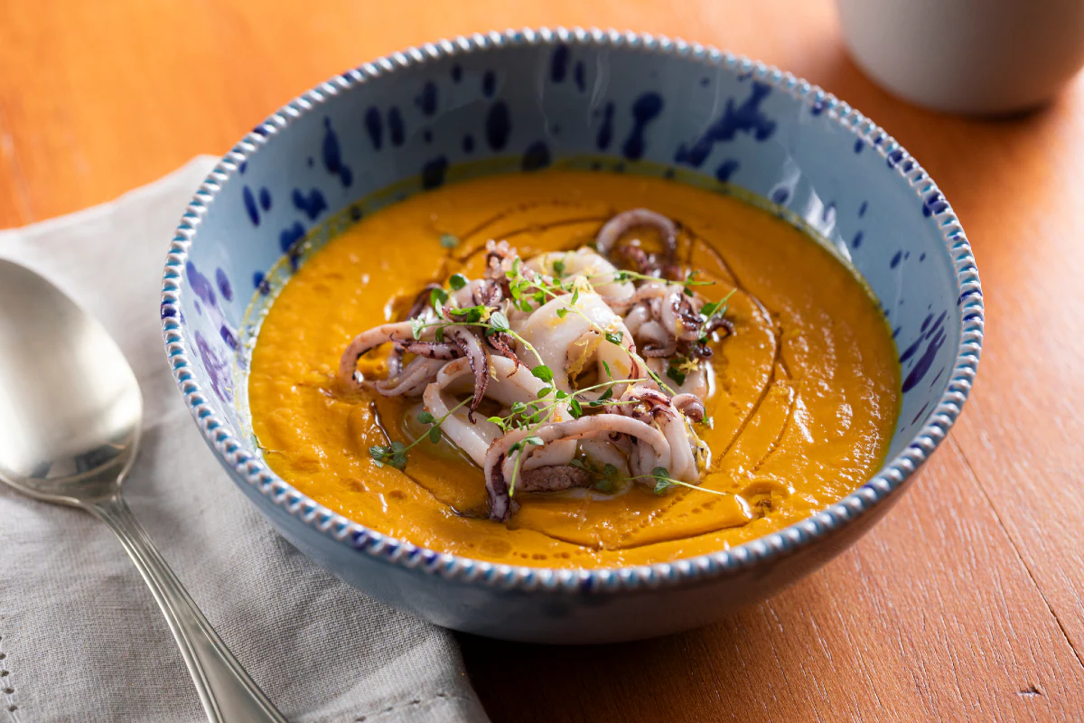Carrot and Ginger Soup with Toasted Squid