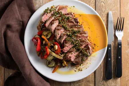 Beef Sirloin with Vegetables and Chimichurri Sauce