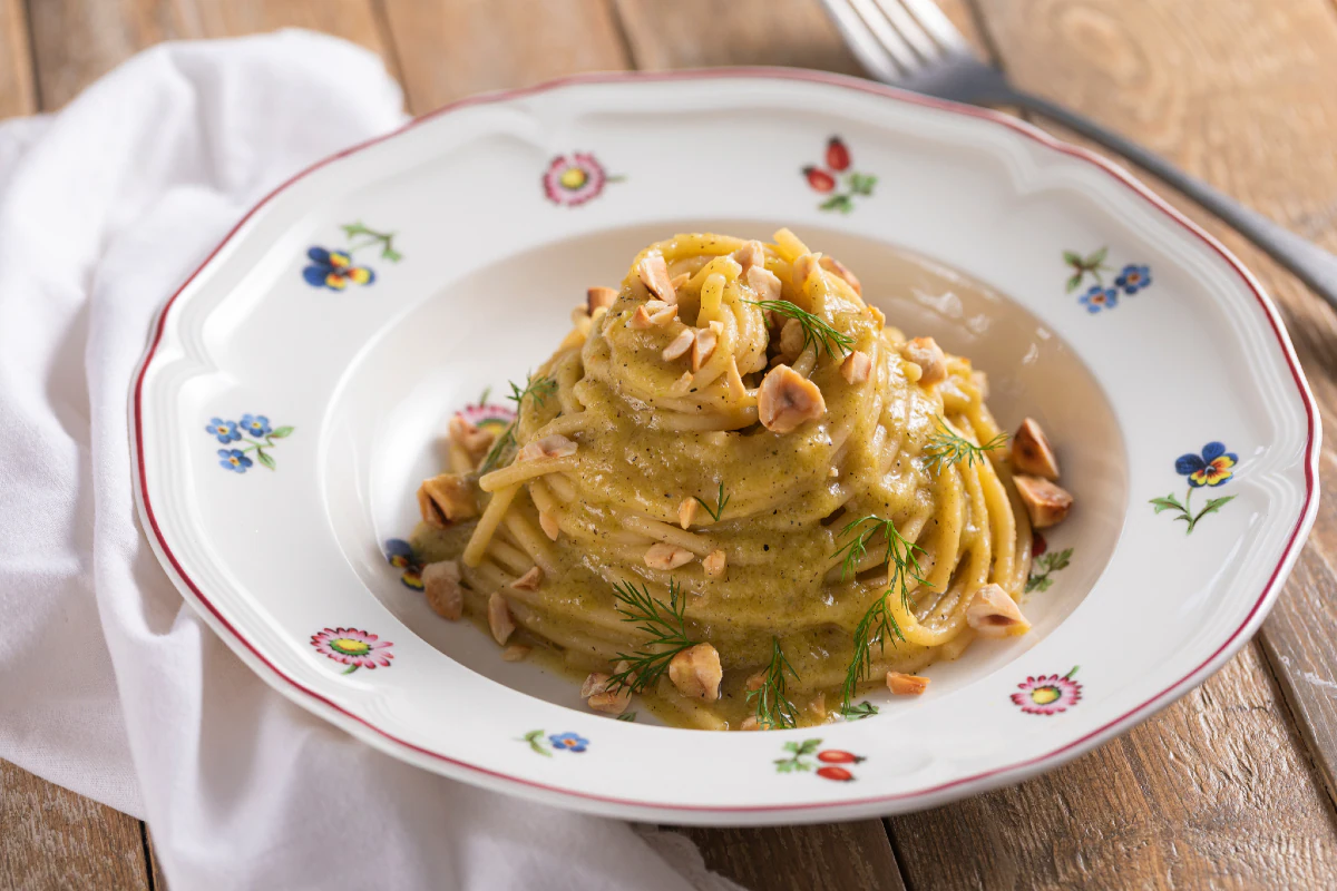 Pasta with Braised Leek Cream, Hazelnuts, and Fennel