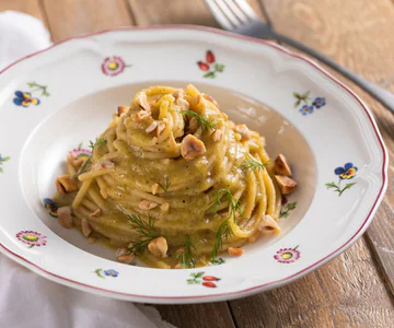 Pasta with Braised Leek Cream, Hazelnuts, and Fennel