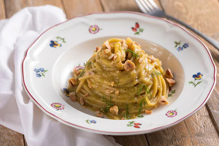 Pasta with Braised Leek Cream, Hazelnuts, and Fennel