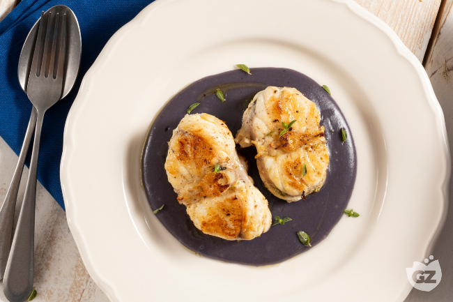 Monkfish on Purple Potato Cream - Italian recipes by GialloZafferano