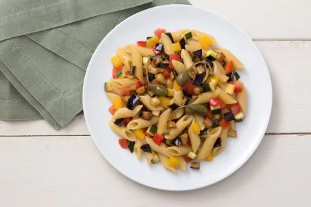 Cold pasta with vegetable caponata