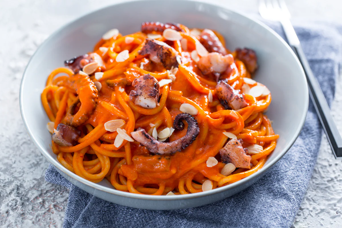 Spaghetti with Bell Pepper Cream and Octopus