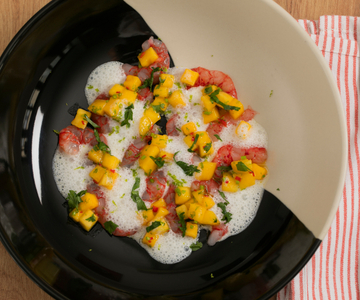 Shrimp tartare with coconut, mango, coriander and lime