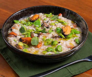 Risotto with mussels, fava beans, and pecorino