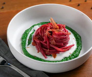 Beetroot Pasta on Spinach and Speck Cream