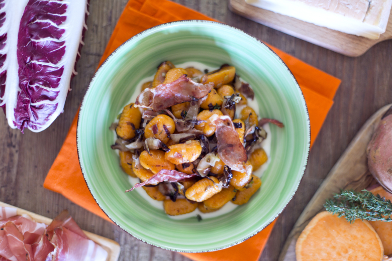 Sweet potato gnocchi with radicchio and speck