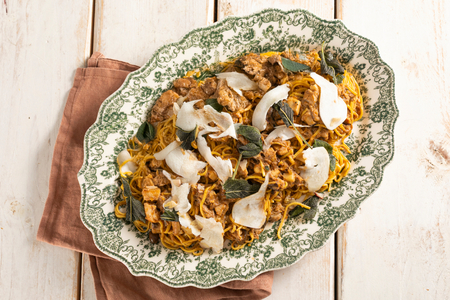 Tagliolini with rabbit ragu and mushrooms