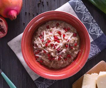 Pomegranate Risotto with Leek Cream