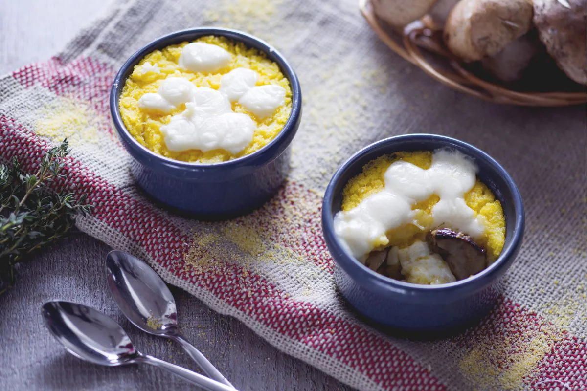 Gratinated polenta and porcini mushroom terrines