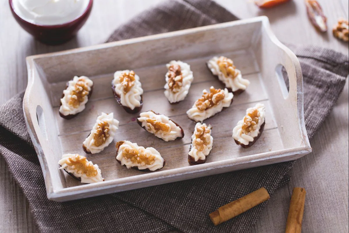 Dates filled with mascarpone and walnuts