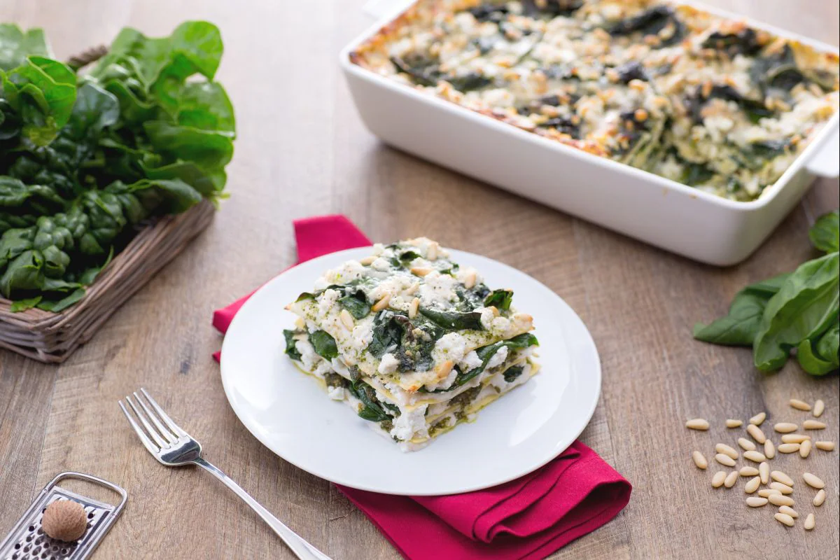 Lasagna with pesto cream, ricotta, and spinach