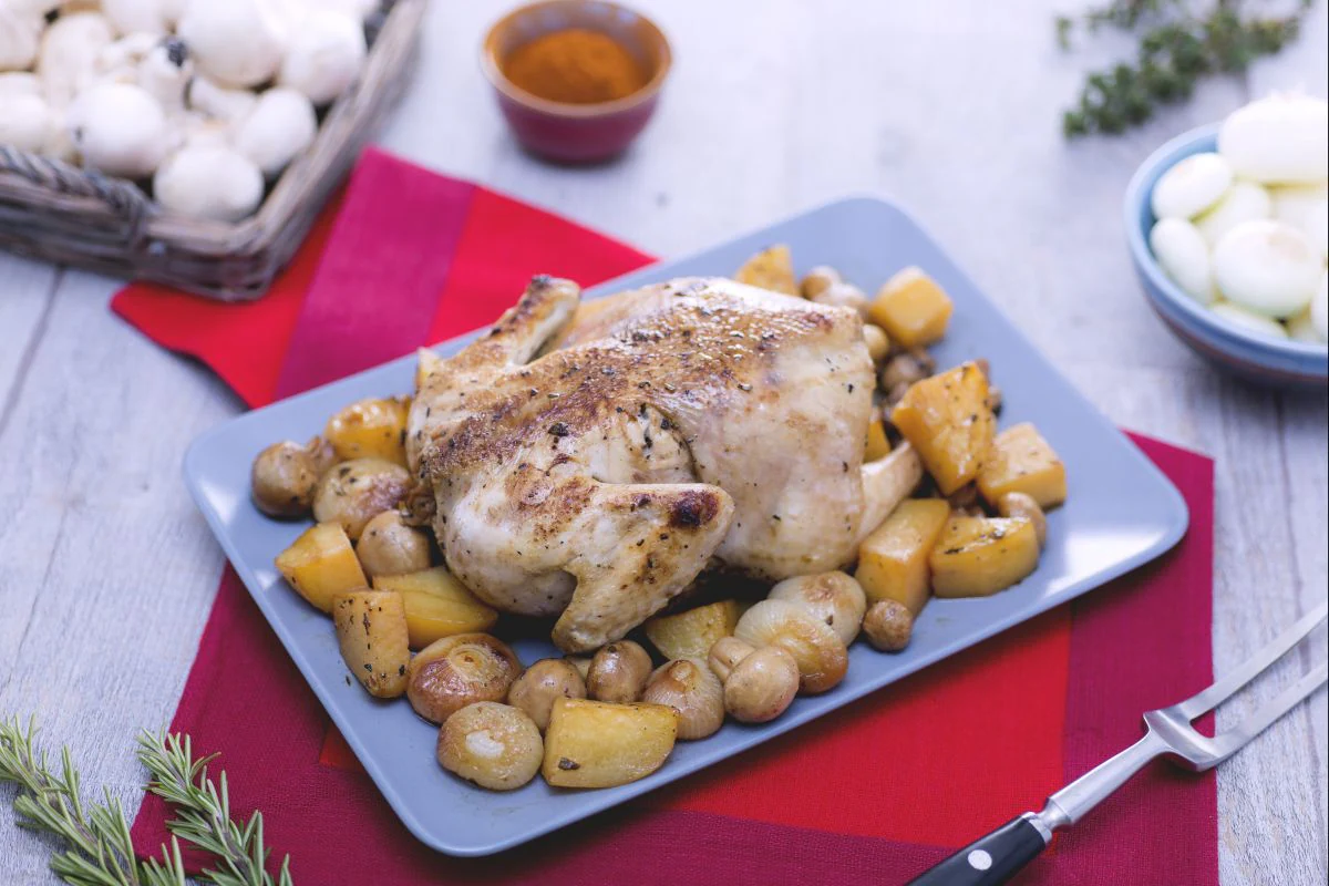 Chicken with potatoes, mushrooms and onions
