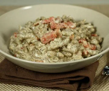 Buckwheat spatzle with cream and bacon