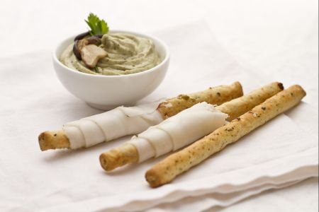 Breadsticks with olives, porcini mushroom cream, and lard