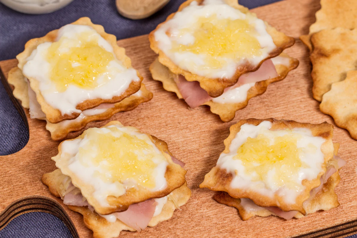 Croque monsieur finger food with classic puff pastry