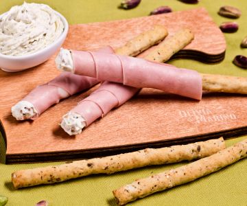 Olive breadsticks wrapped in mortadella and robiola