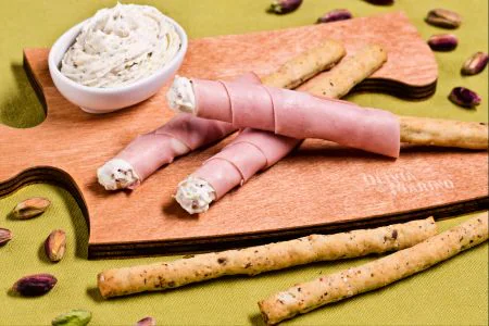 Olive breadsticks wrapped in mortadella and robiola