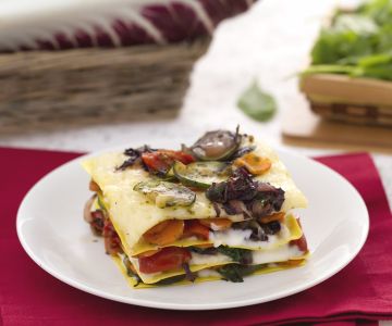 Vegetable lasagna with taleggio cheese cream